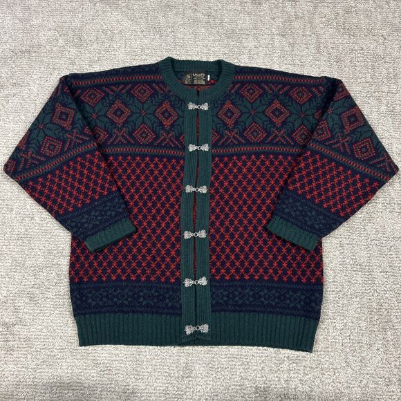 Viking Cardigan Sweater Womens Large Wool Celtic Buttons Geometric Christmas - Picture 1 of 7